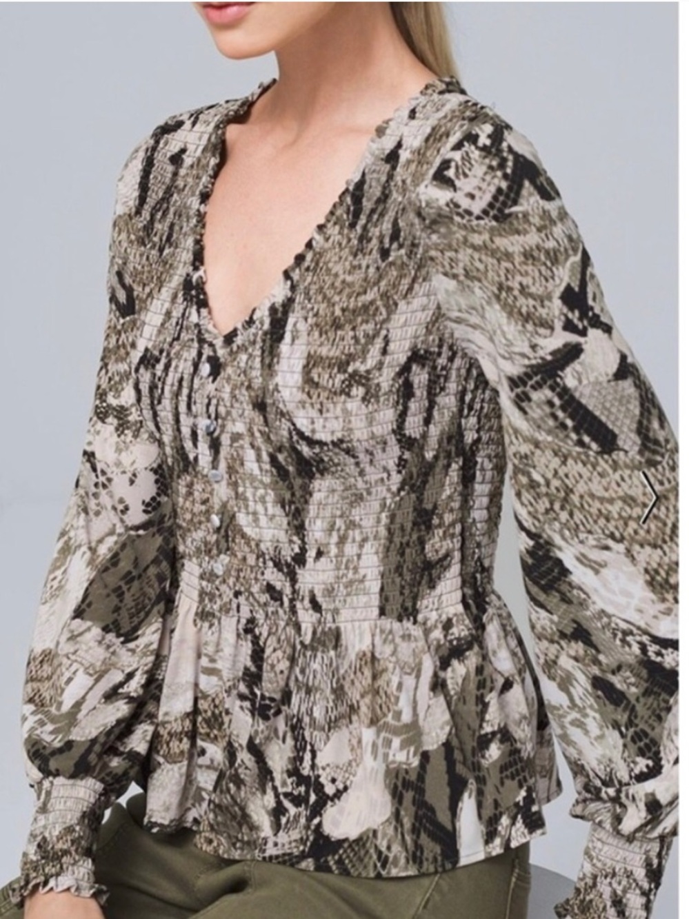 White House Black Market Neutral Snake-Print Peplum‎ Top - worn a few times.